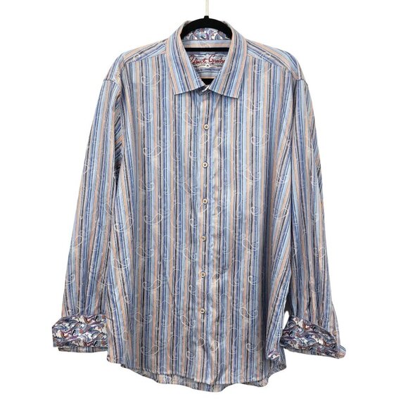 Robert Graham Striped Long-Sleeve Button-Down Shirt Paisley Flip Cuffs Size XXL - Picture 1 of 9